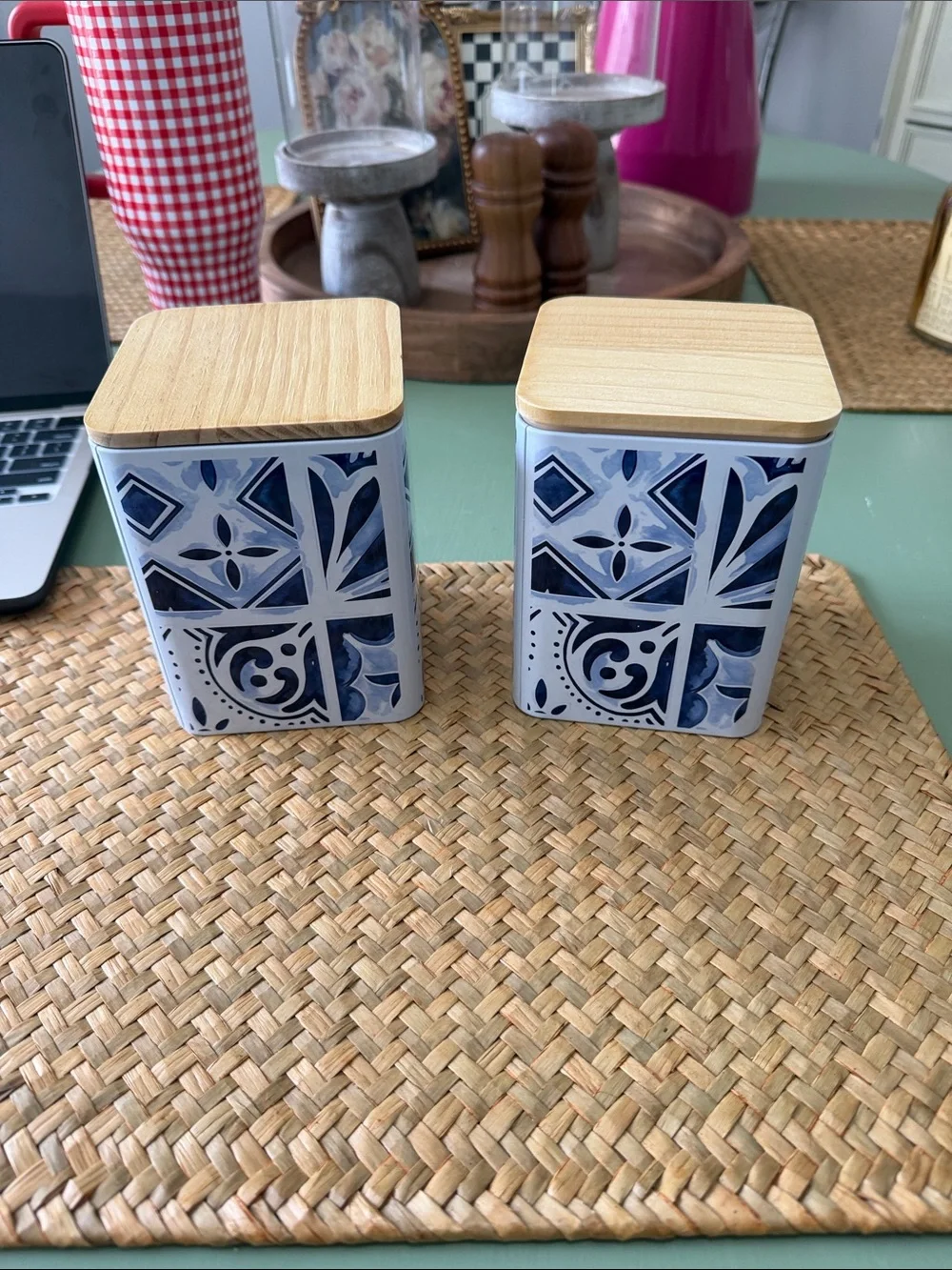 Ashland Blue and Wood Ceramic Salt and Pepper Canisters